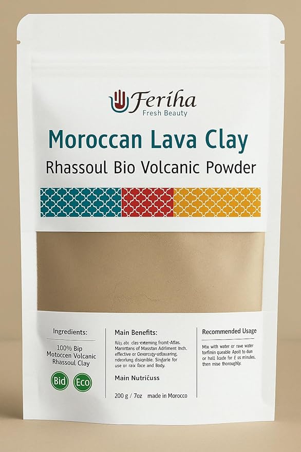 FERIHA Moroccan Rhassoul Bio Clay Powder, Organic Facial Body & Hair Mask. Fight Acne, Cleanse Impurities, & Improve Skin Elasticity.