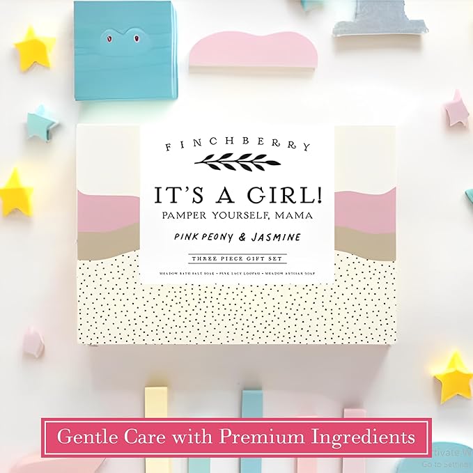 FinchBerry 3-Piece Gift Set - Itโs A Girl! Baby Shower Gift, New Mom Care Package, First-Time Mom Gifts, Baby Girl Gift โ Includes Handmade Shea Butter Soap(4.5oz), Bath Soak (20oz) & Hand Cream (1oz)