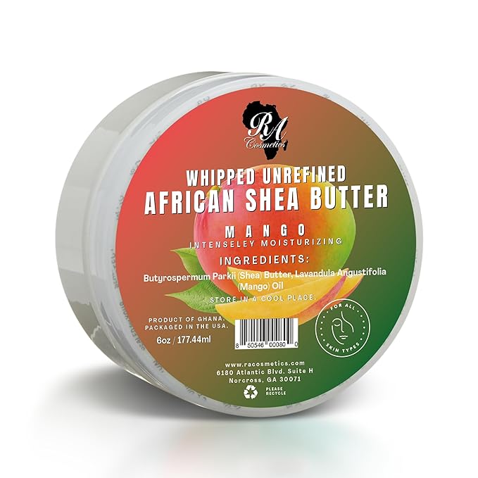 RA COSMETICS Whipped Shea Butter Mango - 6oz | 100% Pure and Natural African Shea Butter for Men & Women - Ultimate Handcrafted Moisturizer with Essential Vitamins for Radiant Skin & Luscious Hair