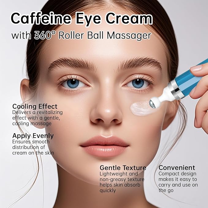 5% Caffeine Eye Cream Anti Aging, Eye Cream For Puffiness & Bags Under Eyes, 2 PCS Caffeine Eye Serum With Under Eye Roller For Wrinkles, Fine Lines & Dark Circles, Natural Eye Daily Care.