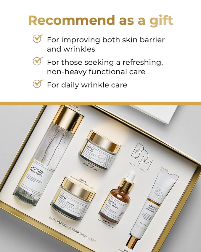 BOM COSMETICS A Set of Peptide Power Skincare With 5 Kinds of Items (Toner, Ampoule, Cream, Eye Cream, Sleeping Mask), 24K Gold & Pentapeptide for Skin Collagen Boost, Korean Skincare