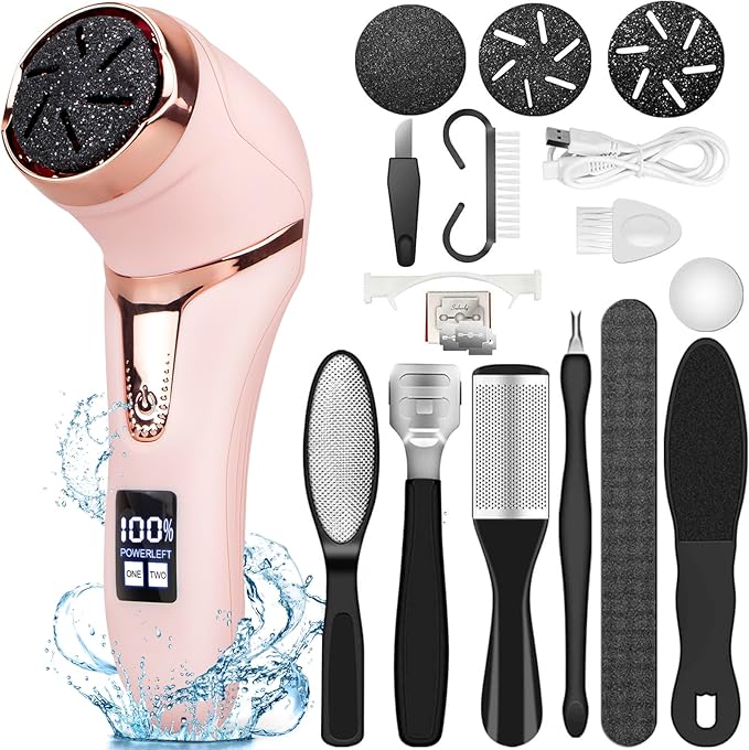 Electric Callus Remover for Feet (with Vacuum Cleaner), Rechargeable Foot Callus Remover Pedicure Tools Foot File, Professional Foot Care Kit Deadskin Remover with 3Heads&2Speed,LCD Display-Pink