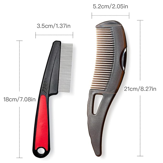 Dandruff Comb, Stainless Steel Fine Tooth Lice/Flea/Psoriasis Comb, Scalp Oil Buildup Removal Wide Hollow Tooth Button Hairbrush for Scalp Massage Care for Man Women and Kids, Set of 2 (Red)