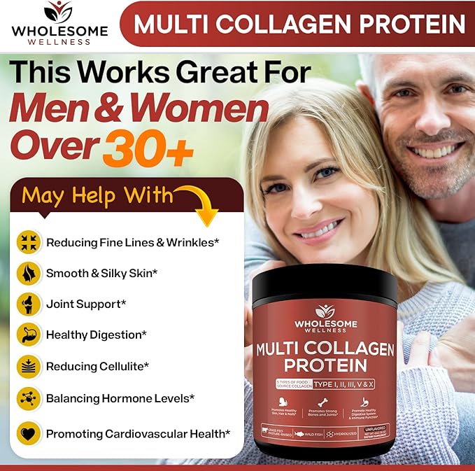 Wholesome Wellness Multi Collagen Protein Powder Hydrolyzed (Type I II III V X) Grass-Fed All-in-One Super Bone Broth + Peptides - Premium Blend of Beef, Chicken, Wild Fish, Eggshell, 58 Servings