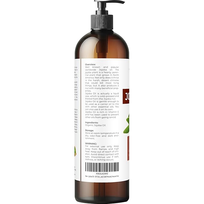 Jojoba Oil - 8 Fl Oz (With Pump) | 100% Pure and Natural | Golden, Unrefined, Cold Pressed, Hexane Free | Moisturizing Face, Hair, Body, Skin Care