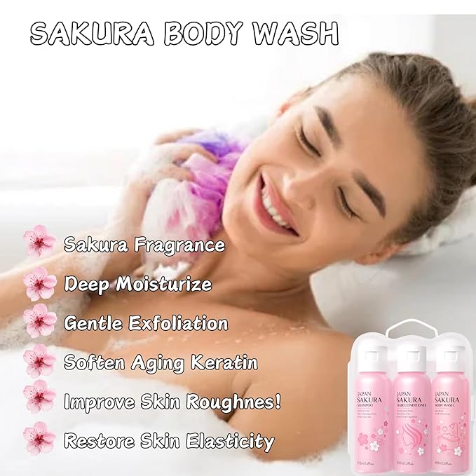 Sakura Bath Sets Teen Girls Gifts - Spa Gifts for Women - Bath Gift Set for Girls - Nourishing Gift Basket for Mom - Travel Size Toiletries for Women with Body Wash,Shampoo, Conditioner (3pcs)