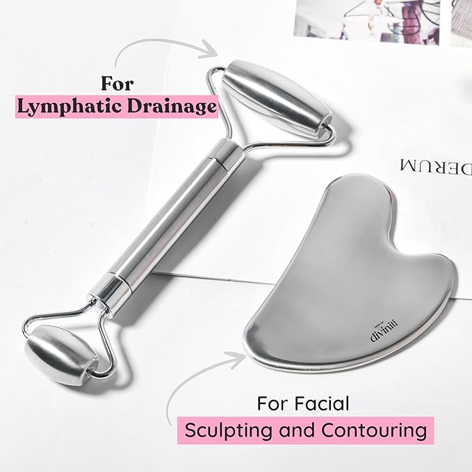 Stainless Steel Face Roller - Premium Gua Sha Facial Tools Stainless Steel GuaSha Tool and Face Roller Set - Gua Sha Stainless Steel Gua Sha Tool - Metal Face Roller and Gua Shua Set - Spa Gifts