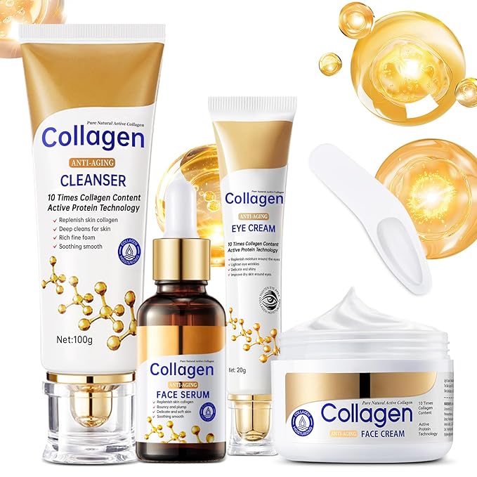 Collagen Skin Care Set, Anti Aging Skincare Set for Reduce Wrinkles, Shrink Pores, Smooth Fine Lines, Hydrating, 4 Pcs Travel Skincare Kits for Women with Cleanser, Serum, Cream, Eye Cream.