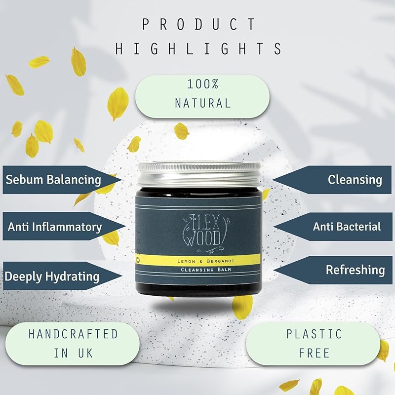 Lemon and Bergamot Cleansing Balm - Face Care Cleansing, Moisturising and Make up Remover. 100% Natural, Vegan, Cruelty Free, Plastic Free - 60ml (2.03 fl oz)