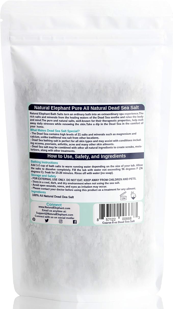 Natural Elephant Dead Sea Bath Salt Travel and Trial Sizes |100% Natural and Pure| Fine and Coarse Grain | Ideal for Baths and Soaks (8 oz Travel Size, Coarse Grain)