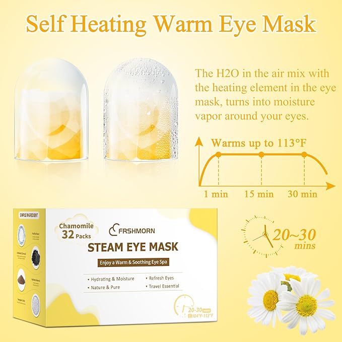 32 Packs Steam Eye Mask, Heated Eye Mask for Sleeping, Warm Compress for Eyes, Self Heating Disposal Eye Mask Comfortable Sleep Mask for Home, Office, Spa, Travel Essentials (Chamomile)