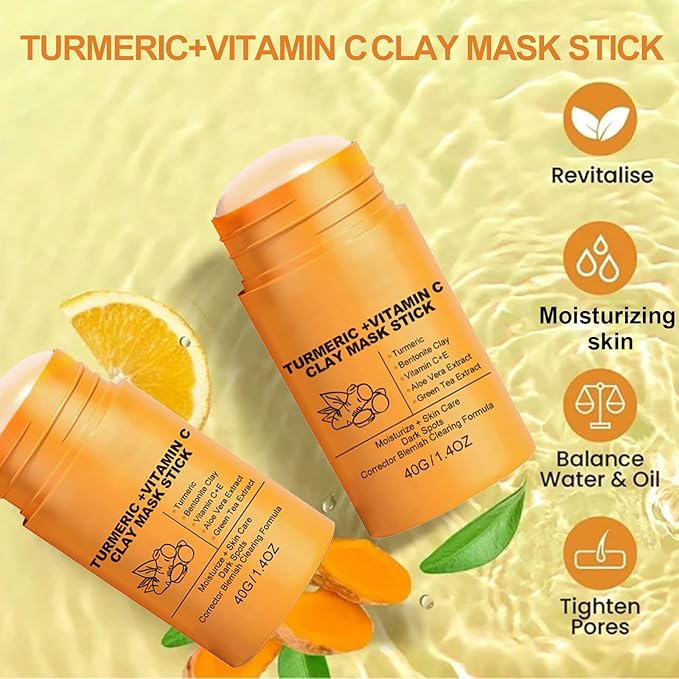 Turmeric Vitamin C Clay Mask Stick, Turmeric Clay Stick Mask with Vitamin C for Deep Clean Pore, Oil Control, Acne Blackhead Remover, Shrink Pores, Moisturize Skin and Balance Water and Oil