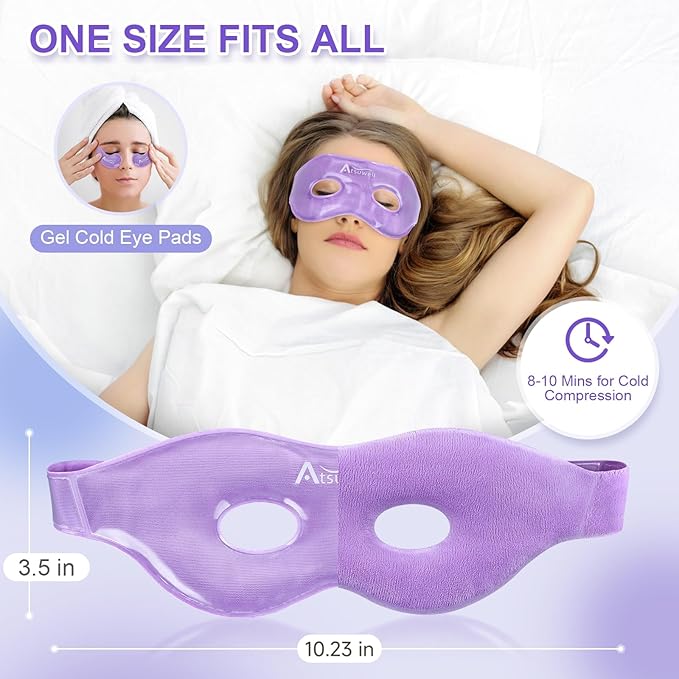 Atsuwell Cooling Ice Face Eye Mask Set for Dark Circles and Puffiness, 6 x 11 Heating Pad Microwavable for Cramps, Neck and Shoulders, Knee, Moist Heat Pack for Warm Compress, Purple