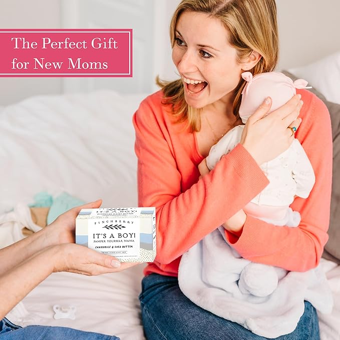 FinchBerry 3-Piece Gift Set โ Itโs A Boy! Baby Boy Shower Gift, New Mom Care Package & First-Time Mom Gifts! Includes Handmade Shea Butter Soap (4.5oz), Bath Soak (20oz) & Nourishing Hand Cream (1oz)