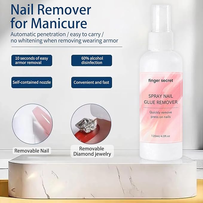 Nail Glue Remover 4oz for Press On Nails,Easily Remove Fake Nail Tips Gel x Nails Spray Remover Solid Nail Glue Remover Kit with Cuticle Pusher,10 PCS Orange Wood Sticks for Nails Nail Salon