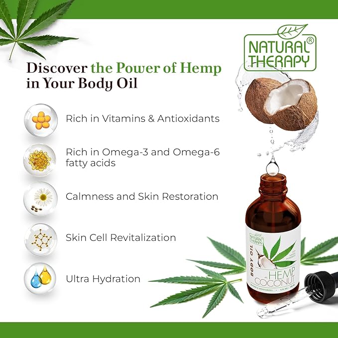 Natural Therapy Sensual Massage Oil for Date Night – Scented Body Oil for Couples with Hemp & Coconut (4 Fl.Oz)