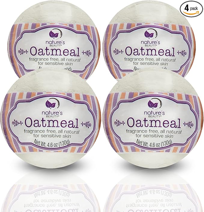 Nature's Beauty Oatmeal Fragrance-Free Bath Bomb Multi-Pack - Natural Hand Crafted, Non-Staining, Luxury Fizzy Spa Bomb, Sooth Dry + Itchy Skin Made w/Almond + Coconut Oil, 4.6 oz (4 Pack)