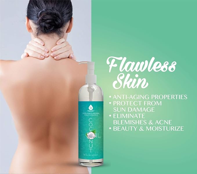 Pursonic Pure Unscented Fractionated Coconut Oil - 16 Oz Multipurpose Oil for Skin, Hair, Body Massage & Makeup Removal - Carrier Oil for Essential Oils and Aromatherapy