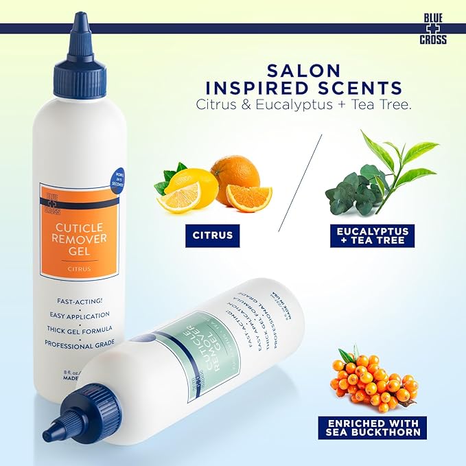 Blue Cross Professional Nail + Cuticle Care, Yellow-Neutralizing Basecoat, Purple Toner for Yellow Nails & Cuticle Remover Softener Gel, Eucalyptus/Tea Tree Scented, 2 Pack Bundle