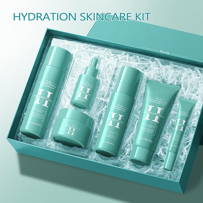 Hyaluronic Acid Skincare Set, Hydrated Skincare Gift Set for Women Skin Care Kit with Cleanser, Toner, Serum, Cream, Lotion, Eye Cream, Skincare Starter Kit for Women Hydrating Skin