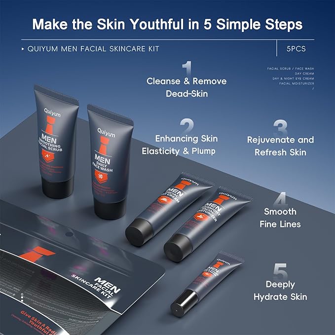 Mens Gifts for Christmas, Mens Skin Care Set, Mens Facial Care Kit, Anti-Aging Skin Care Routine for Men: Face Wash, Scrub, Men's Evening Moisturizer & Day Cream, Eye Cream Beauty Gifts for Him 5-Pack