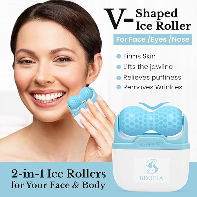Ice Roller for Face and Eyes Facial Skin Care Tool 2-in-1 Ice Roller for Face & Eyes - Reduces Puffiness, Relieves Migraines, with Travel Case - Ideal Gift for Women (Blue)