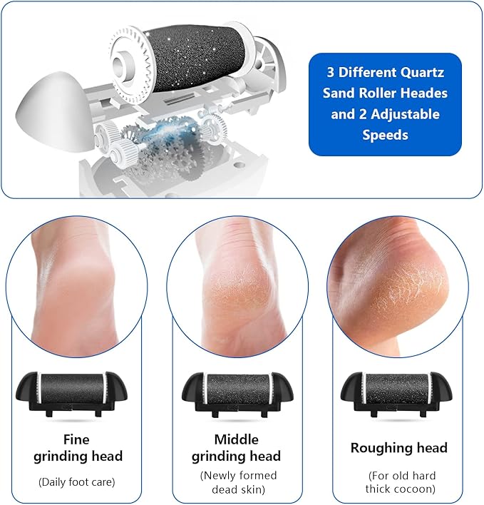 Electric Foot Callus Remover Kit, Elmchee Rechargeable Pedicure Tools Foot Care Feet File with 3 Roller Heads,2 Speed,Battery Display for Remove Cracked Heels Calluses and Dead Skin(Black)