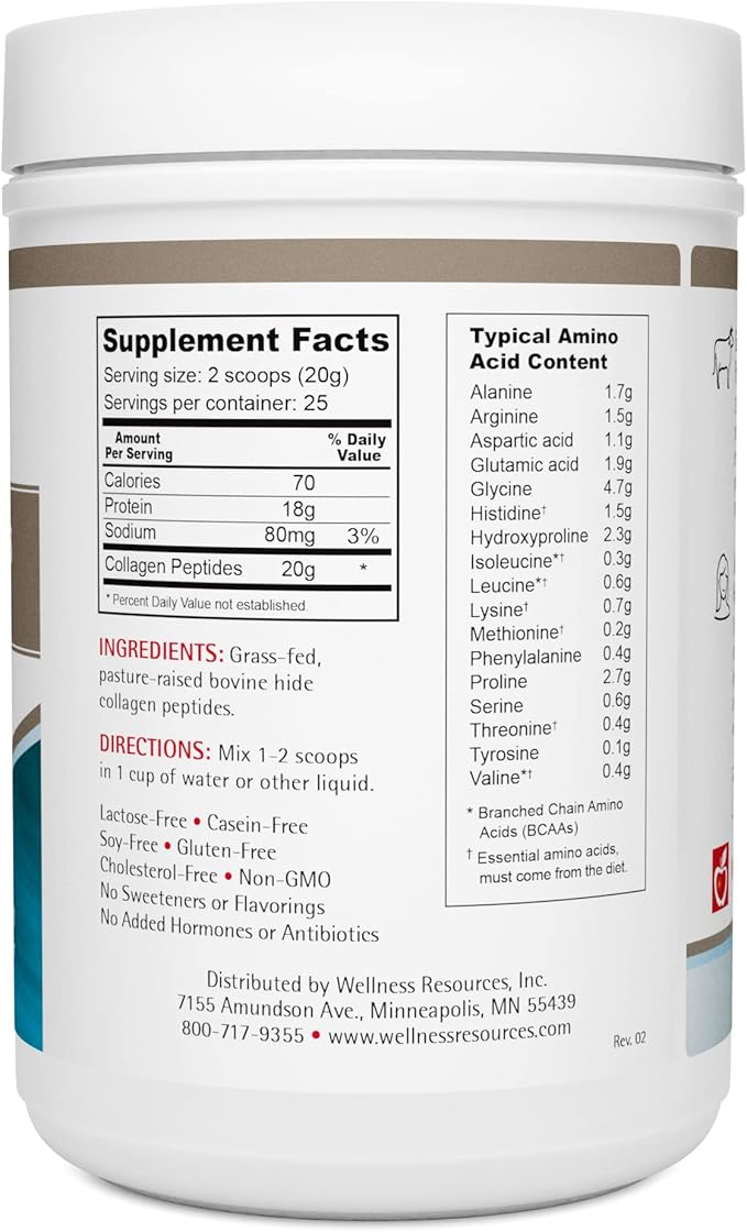 Wellness Resources Collagen Peptides - Pasture Raised, Grass Fed 100% Collagen Protein - Hydrolyzed Type I and III Collagen Peptides Powder, Unflavored (500 Grams/ 17.6 Ounces)