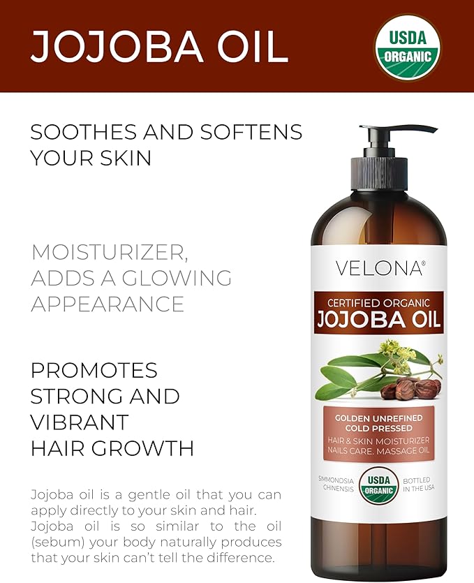 velona Jojoba Oil USDA Certified Organic - 16 fl oz (With Pump) | 100% Pure and Natural | Golden, Unrefined, Cold Pressed, Hexane Free | Moisturizing Face, Hair, Body, Skin Care