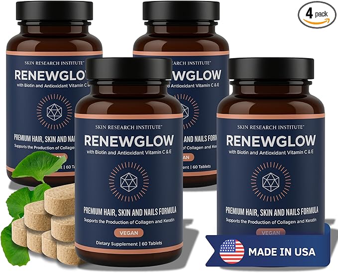 Renewglow Hair Supplement, Proven to Promote Healthy Hair Growth Supports Thicker, Fuller Hair and Healthier Skin, Ages 35 and Up, 4-Pack