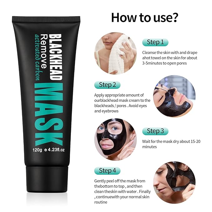 Peel Off Face Mask Blackhead Whiteheads Remover Masks Activated Charcoal Black Mask Purifying Peeling Facial Mask for Nose Pores Removal Reducing Cleansing Acne with Brush and Pimple Extractor Tools