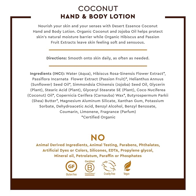 Desert Essence Coconut Hand & Body Lotion Nourishing Organic Coconut Oil, Hibiscus Flower Extract & Jojoba Oil - Softens & Moisturizes Skin - Vegan, Cruelty-Free, Sulfate-Free - 8oz (Pack of 2)