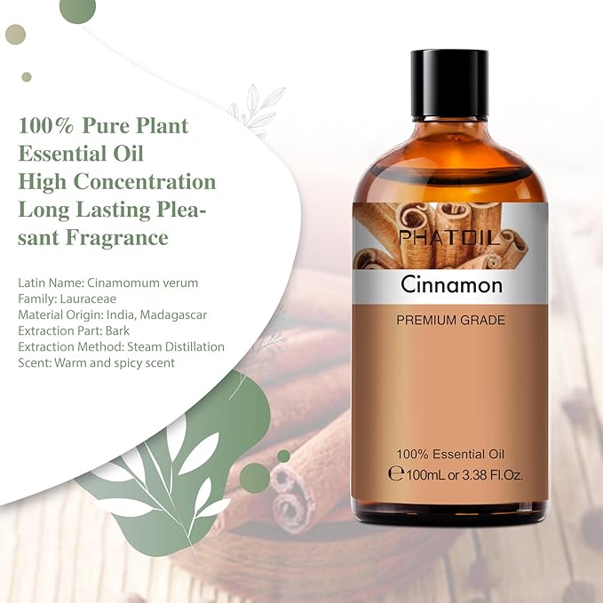 100ML Cinnamon Essential Oil, Huge 3.38fl.oz Bottle Cinnamon Oil, Aromatherapy Oils for Diffuser, Humidifier, DIY, Essential Oil Singles