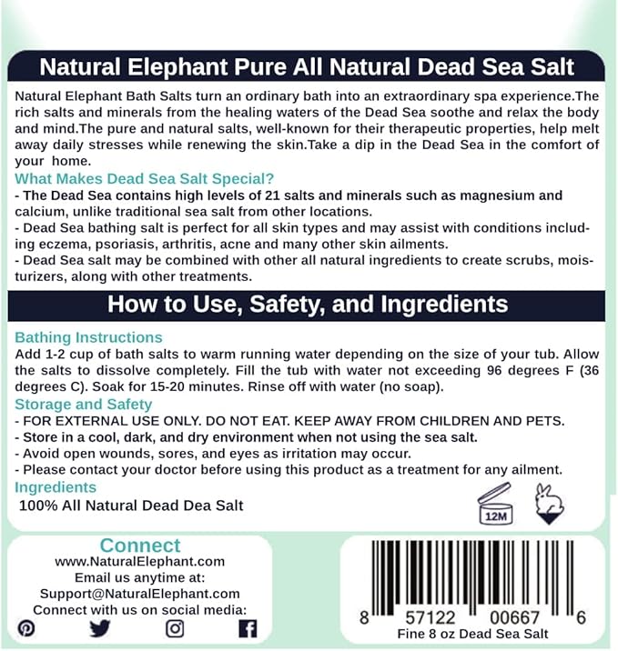 Natural Elephant Dead Sea Bath Salt | 8oz Travel Size | 100% Natural and Pure | Fine Grain | Ideal for Baths and Soaks