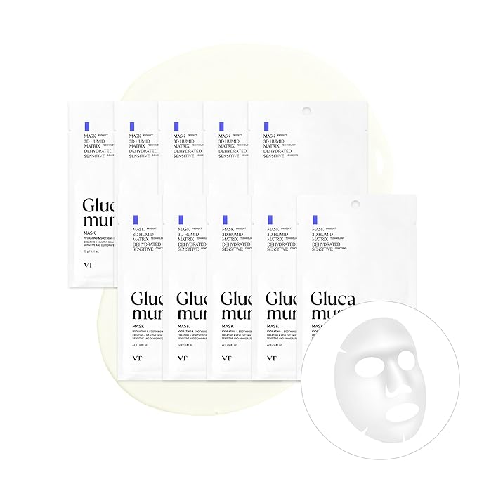 VT COSMETICS Glucamune Mask, Hydrating Vegan Sheet Mask for Face, Hypoallergenic, Fragrance-Free, for Dry & Sensitive Skin, Beta-Glucan, Glucosamine, Glass Skin Glow, Korean Skincare (10 pcs)