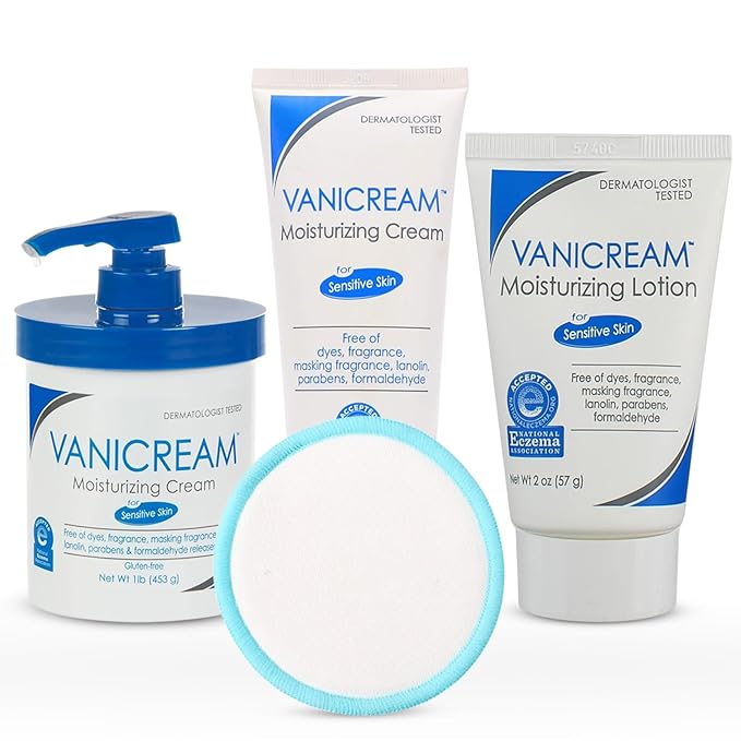 Self Care Gifts for Women - Facial Moisturizer for Dry Skin Care Set - Skin Care Kit Womens Gifts for Christmas - Body Moisturizer with Pump 16oz, Travel Size Lotion 2oz, Eczema Cream for Adults 4oz