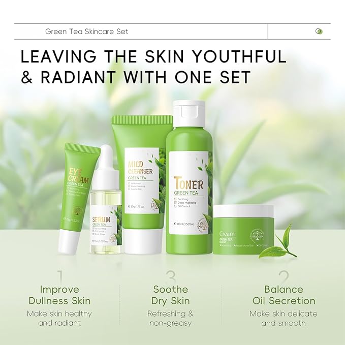 Green Tea Skincare Set for Women, Facial Kit for Women/Teenage Girls, Facial Skin Care Sets & Kits with Cleanser, Toner, Serum, Eye Cream, Cream, Skincare Gift Set Glow Skin, Balance Oil, Shrink Pore
