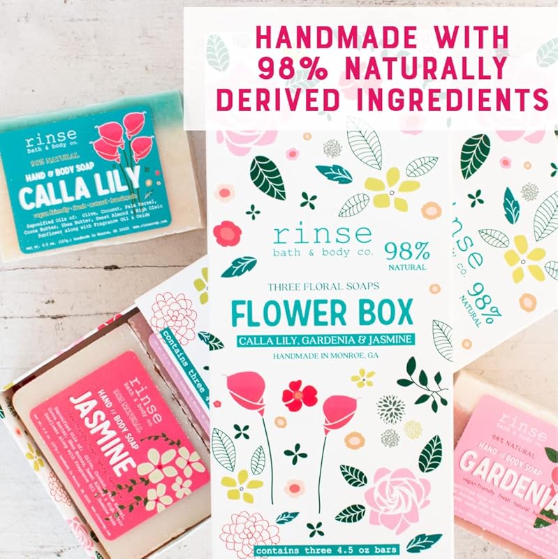 Rinse Bath & Body Flower Soap Set - Handmade Mother's Day Flower Soaps | Calla Lily, Gardenia & Jasmine Scented Soaps | Moisturizing & Cleansing | Shea & Cocoa Butter | 12.75oz