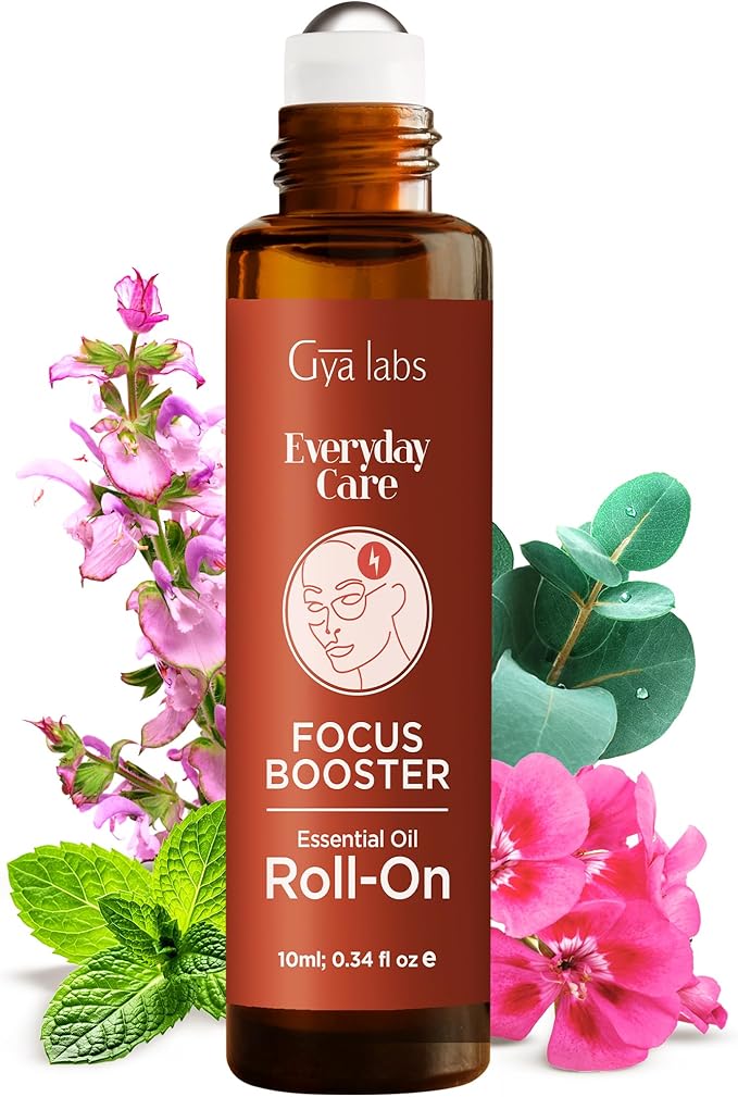 Gya Labs Focus Booster Essential Oil Roll on - Supports Sustained Sense of Focus for Studies & Tasks - 100% Pure Natural Aromatherapy Oil Roller, Geranium & Eucalyptus Blend, Travel Size (0.34 Fl Oz)