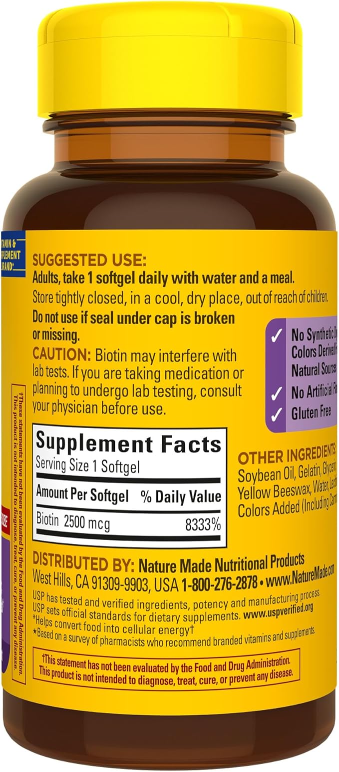 Nature Made Extra Strength Biotin 2500 mcg, Dietary Supplement For Healthy Hair, Skin & Nail Support, 150 Softgels, 150 Day Supply