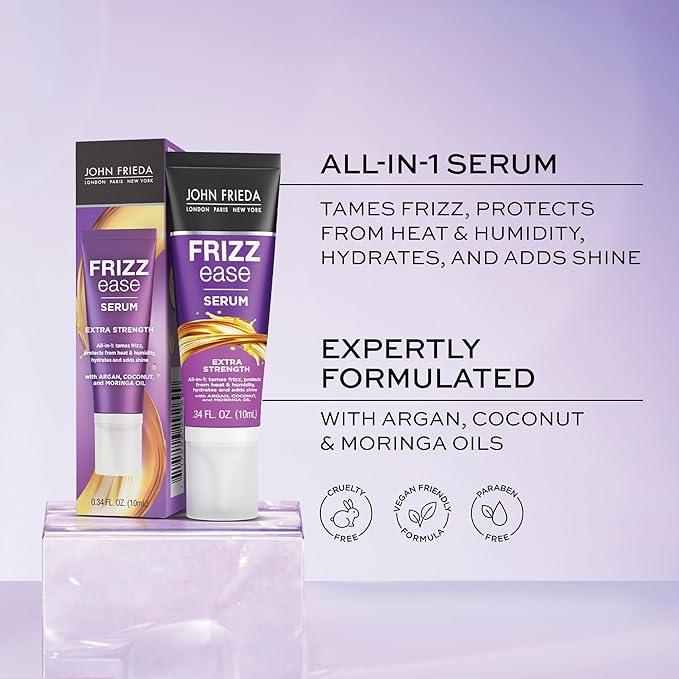 John Frieda Anti Frizz, Frizz Ease Extra Strength Hair Serum with Argan Oil, Anti-Humidity Spray for Hair, Nourishing Treatment for Thick, Coarse Hair, Travel Size, 0.34 Oz/Pack of 24