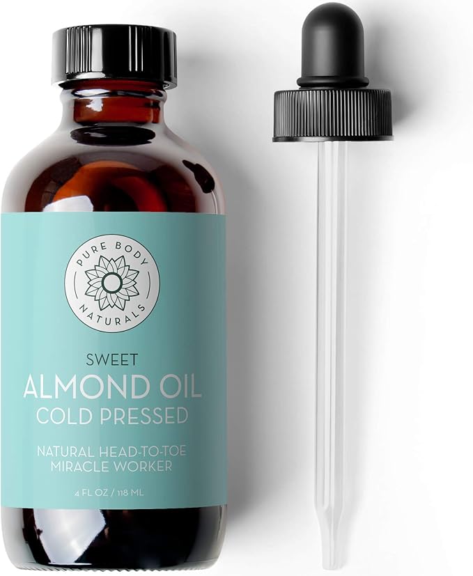 Pure Body Naturals Sweet Almond Oil, 4 fl oz - Cold Pressed and 100% Pure - for Hair, Skin, Nails, Therapeutic Massage, Carrier Oil