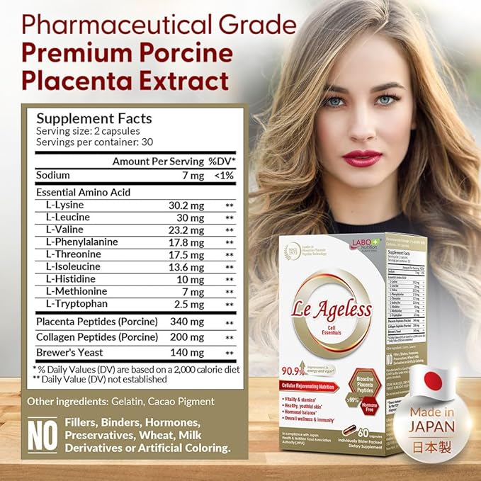 LABO Nutrition Le Ageless – Placenta Cell Rejuvenating Therapy from Japan – Enhanced with Collagen Peptide and Brewer’s Yeast to Supports Immune Health, Skin Regeneration, Anti-Aging – 60 CapsulesX3