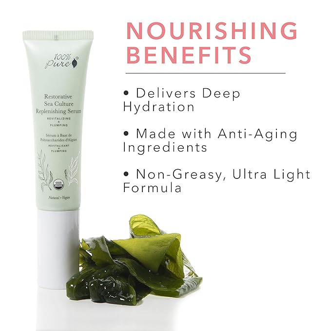 100% PURE Restorative Sea Culture Replenishing Serum, Anti-Aging Serum, Hyaluronic Acid for Face, Hydrating Serum for Everyday Use - 1 Fl Oz