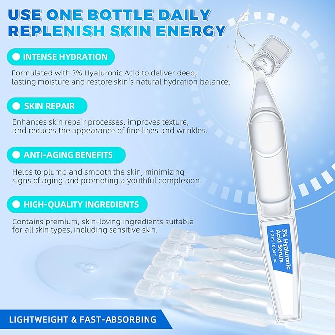 3% Hyaluronic Acid Serum,Hyaluronic Acid Serum for Face,UltraHydrating Serum 3% Hyaluronic Acid Smoother Skin,Anti-Aging,Hyaluronic Acid Tubes Single-Use Vials Pre-makeup Skincare(1.2 ml*30)