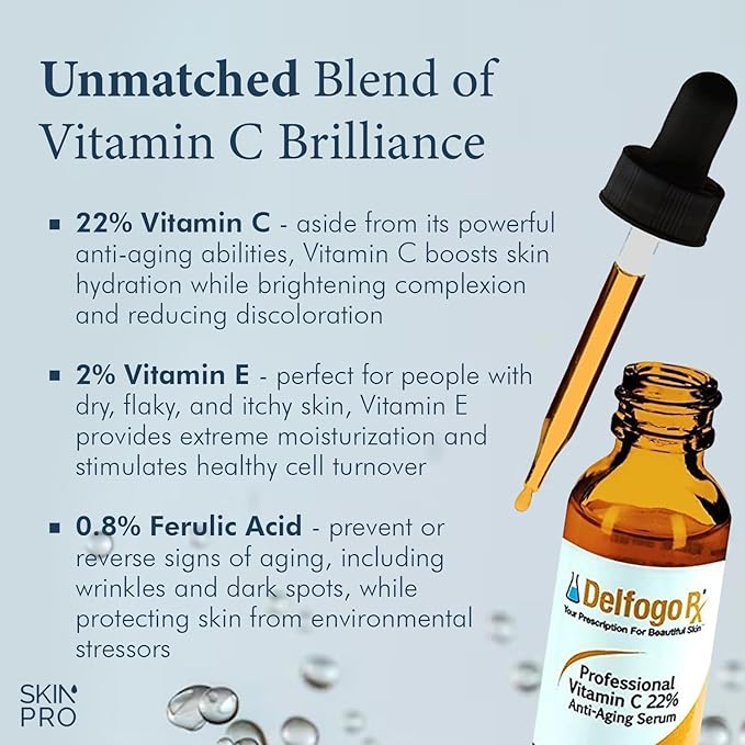 Delfogo RX Professional 22% Vitamin C Facial Serum - High Potency of Vitamin C, Ferulic Acid, & Vitamin E - Collagen Face Serum for Women Plant-Based Brightening Skin Care