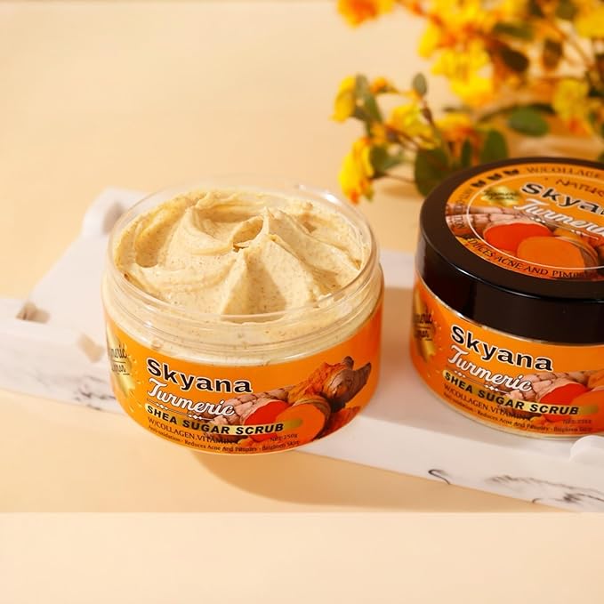 Organic Lemon&turmeric Shea Sugar Scrub with Collagen, Vitamin C, 250g, Brightening Body and face Scrub.Anti-oxidation removal pimples.Exfoliator.