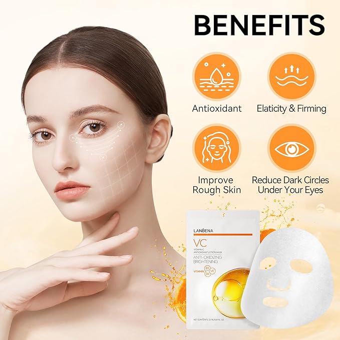 LANBENA VITAMIN C Hydrating Sheet Masks Brightening Firming Anti Aging - Overynight Hydrating Face Mask for All Skin Types Moisturizing Spa Skincare -1 Pack