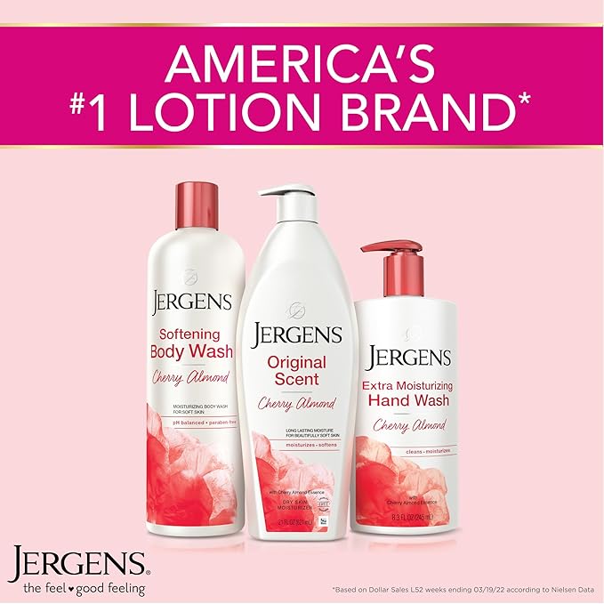 Jergens Original Scent Dry Skin Body Lotion, Hand and Body Moisturizer, Cherry Almond Essence, Dermatologist Tested, 21 Oz
