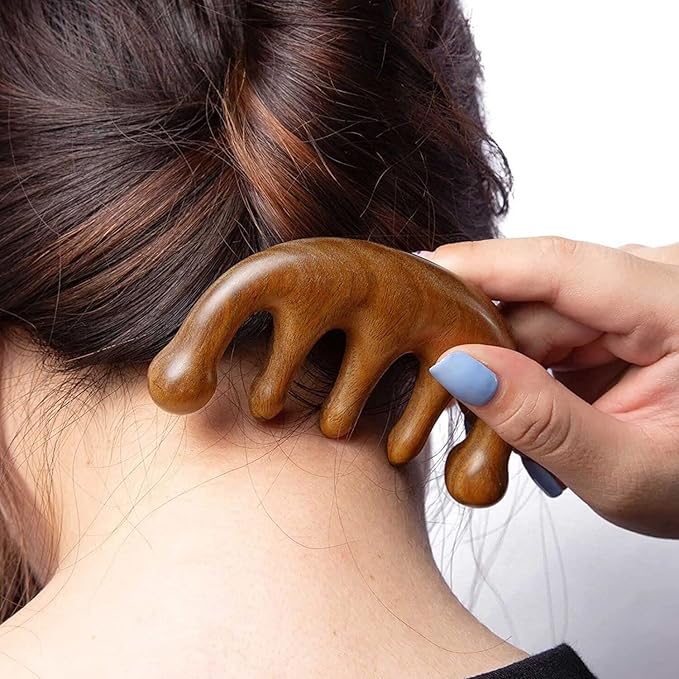 Massage Comb,100% Natural Handmade Pure wood Five-tooth meridians comb Scraping Multi-Functional Handheld Head Massage Tool,Hand Made Sandalwood Comb for Head Caring Relaxation Acupoint Massage